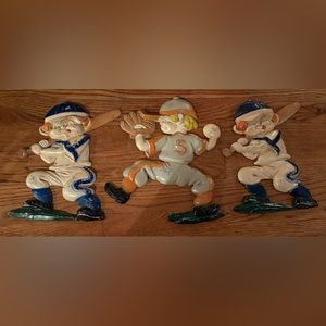 Sexton Painted Metal Baseball  Kids Wall Plaque USA, Vintage, Set of 3